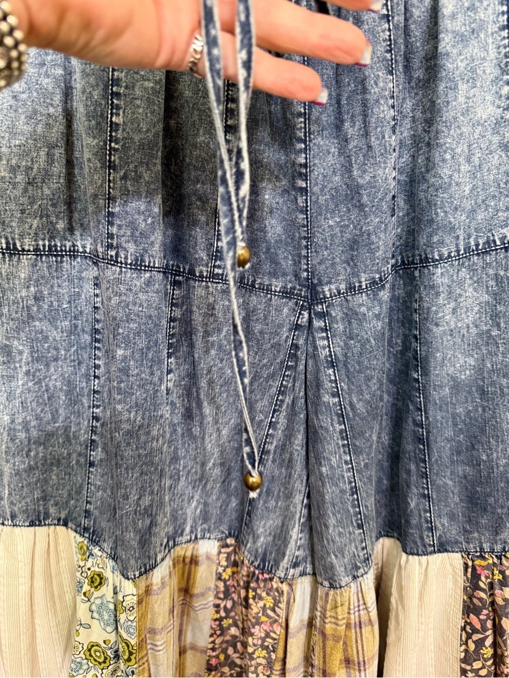 H034 NWT Blue Velvet L w14-20 Boho Patchwork Wide-Leg Denim Pants Blue Cream - Picture 6 of 12